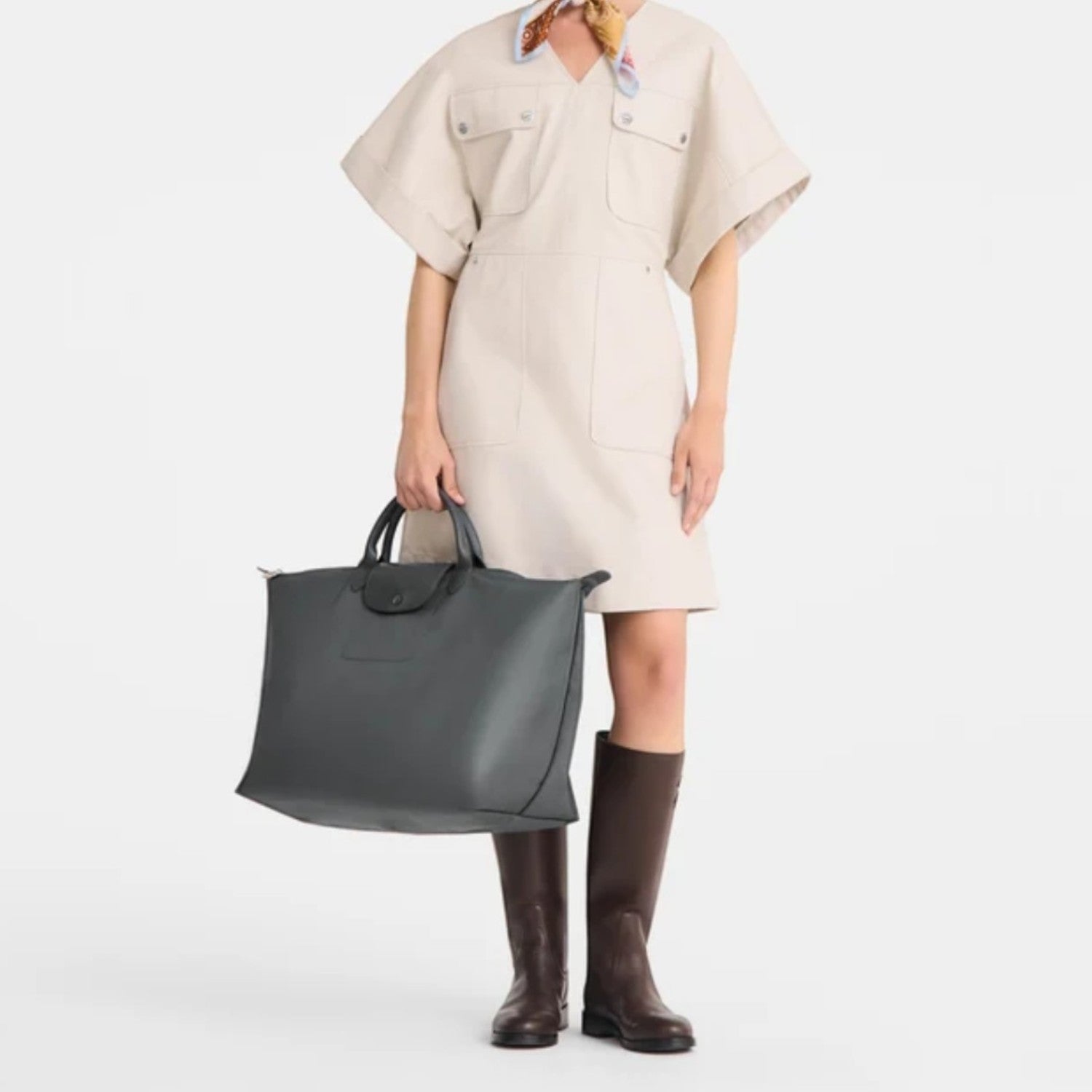 Lieblingstasche Le Pliage One Reisetasche L large grey leather travel bag with top handles and a snap closure.
