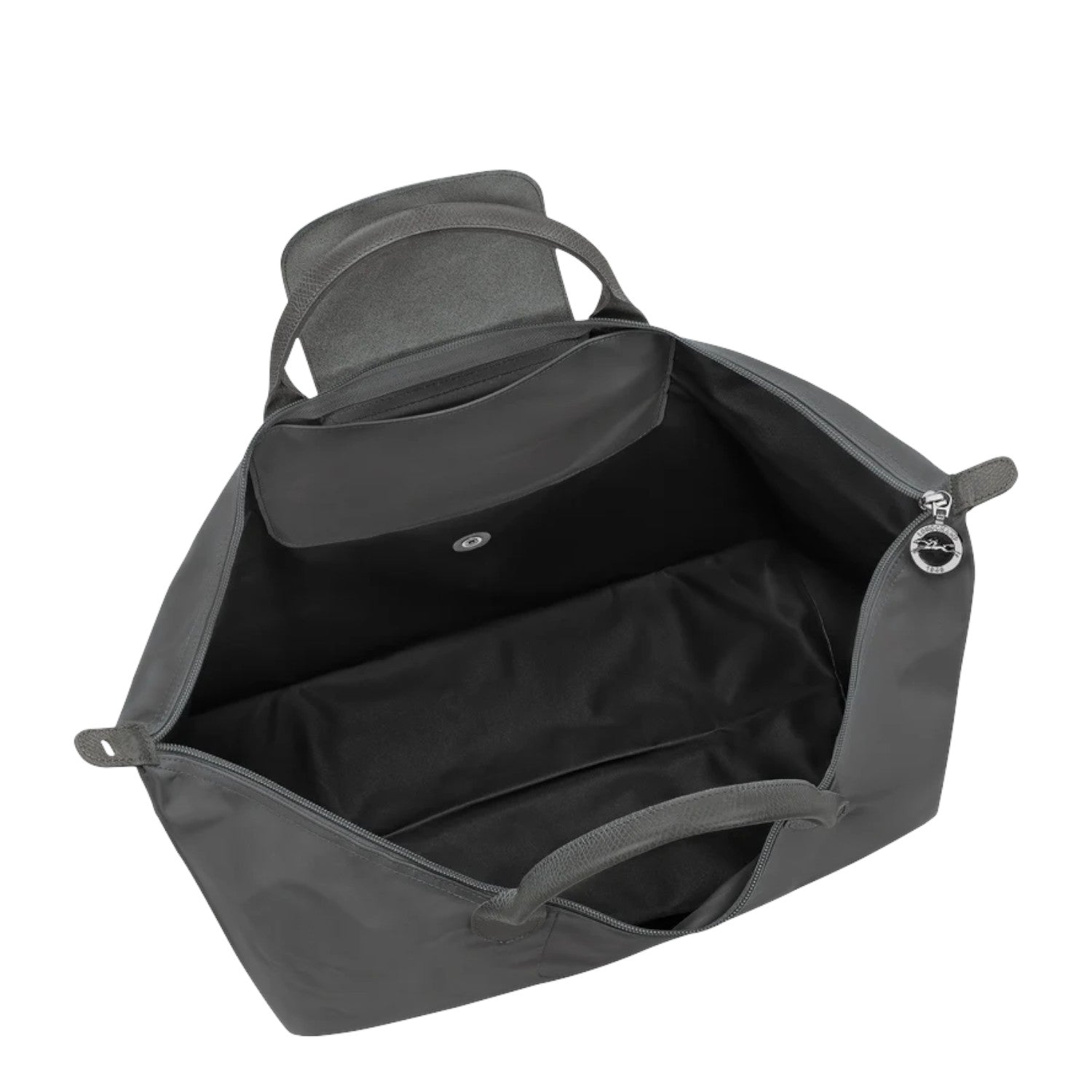 Lieblingstasche Le Pliage One Reisetasche L, large grey nylon travel bag with leather trim and zip closure.