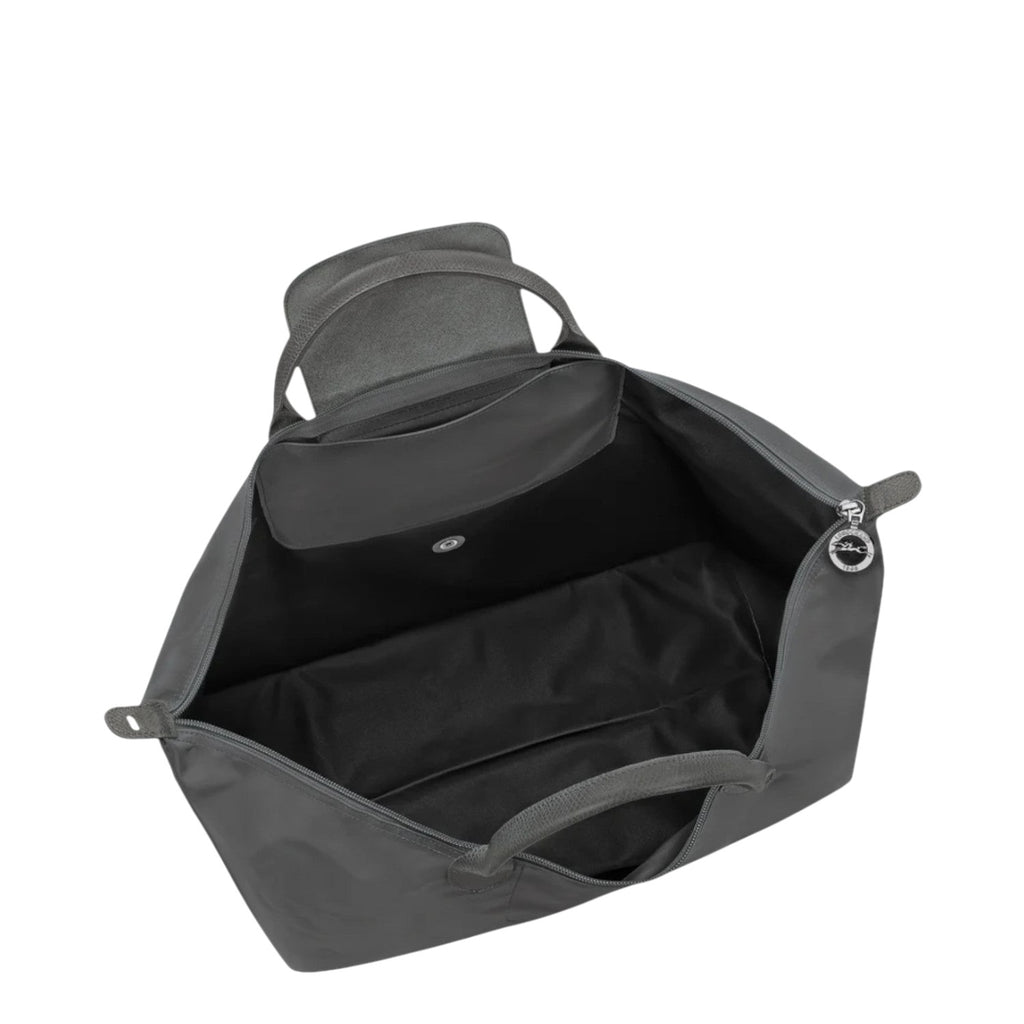 Lieblingstasche Le Pliage One Reisetasche L, large grey nylon travel bag with leather trim and zip closure.