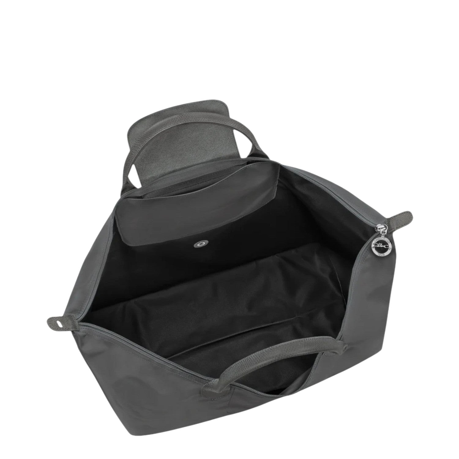 Lieblingstasche Le Pliage One Reisetasche L, large grey nylon travel bag with leather trim and zip closure.