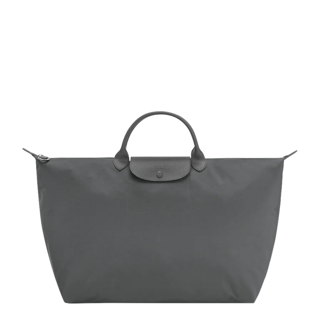 Lieblingstasche Le Pliage One Reisetasche L travel bag in grey nylon with leather trim and snap closure.