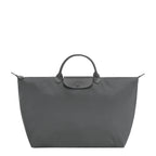 Lieblingstasche Le Pliage One Reisetasche L travel bag in grey nylon with leather trim and snap closure.