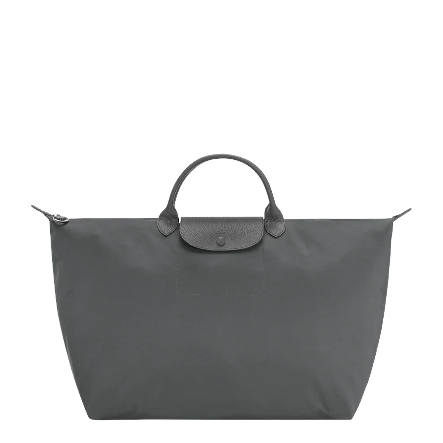 Lieblingstasche Le Pliage One Reisetasche L travel bag in grey nylon with leather trim and snap closure.
