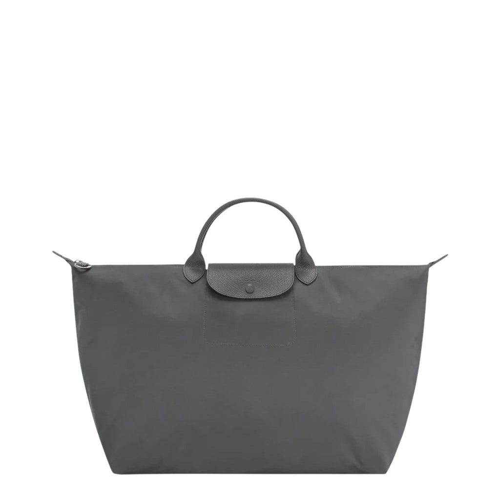 Lieblingstasche Le Pliage One Reisetasche L travel bag in grey nylon with leather trim and snap closure.