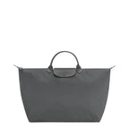 Lieblingstasche Le Pliage One Reisetasche L travel bag in grey nylon with leather trim and snap closure.