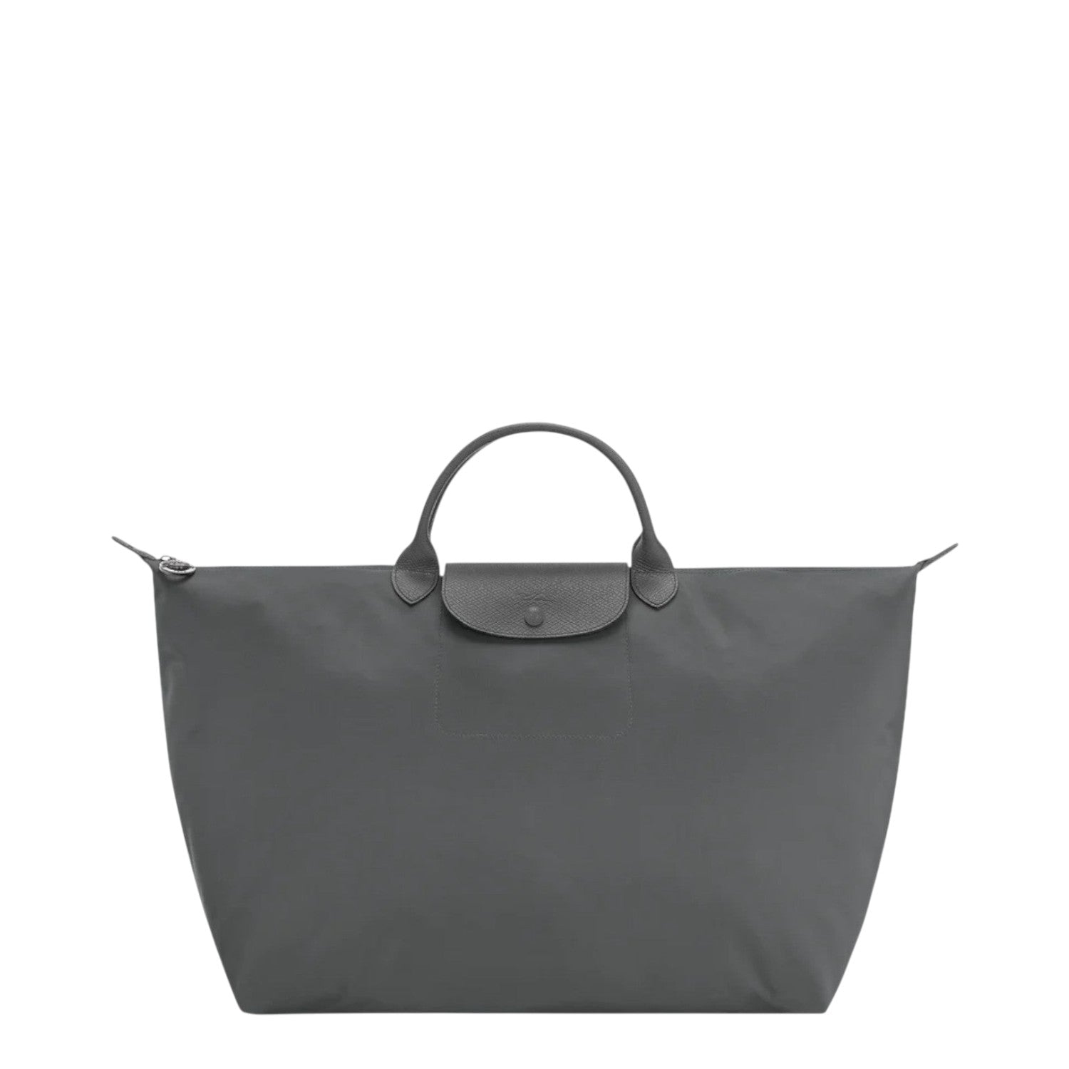 Lieblingstasche Le Pliage One Reisetasche L travel bag in grey nylon with leather trim and snap closure.