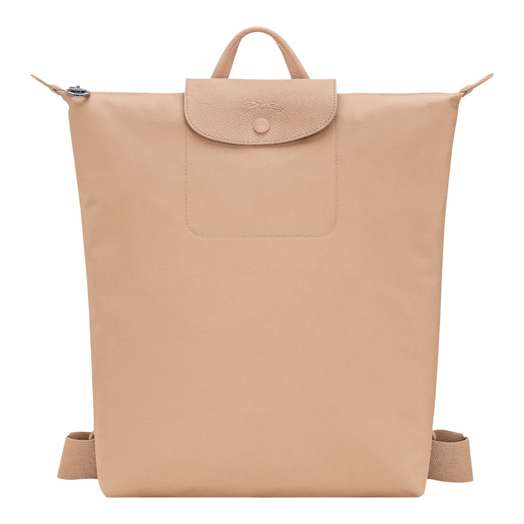 Lieblingstasche Le Pliage One Rucksack in beige nylon with leather flap and snap closure.