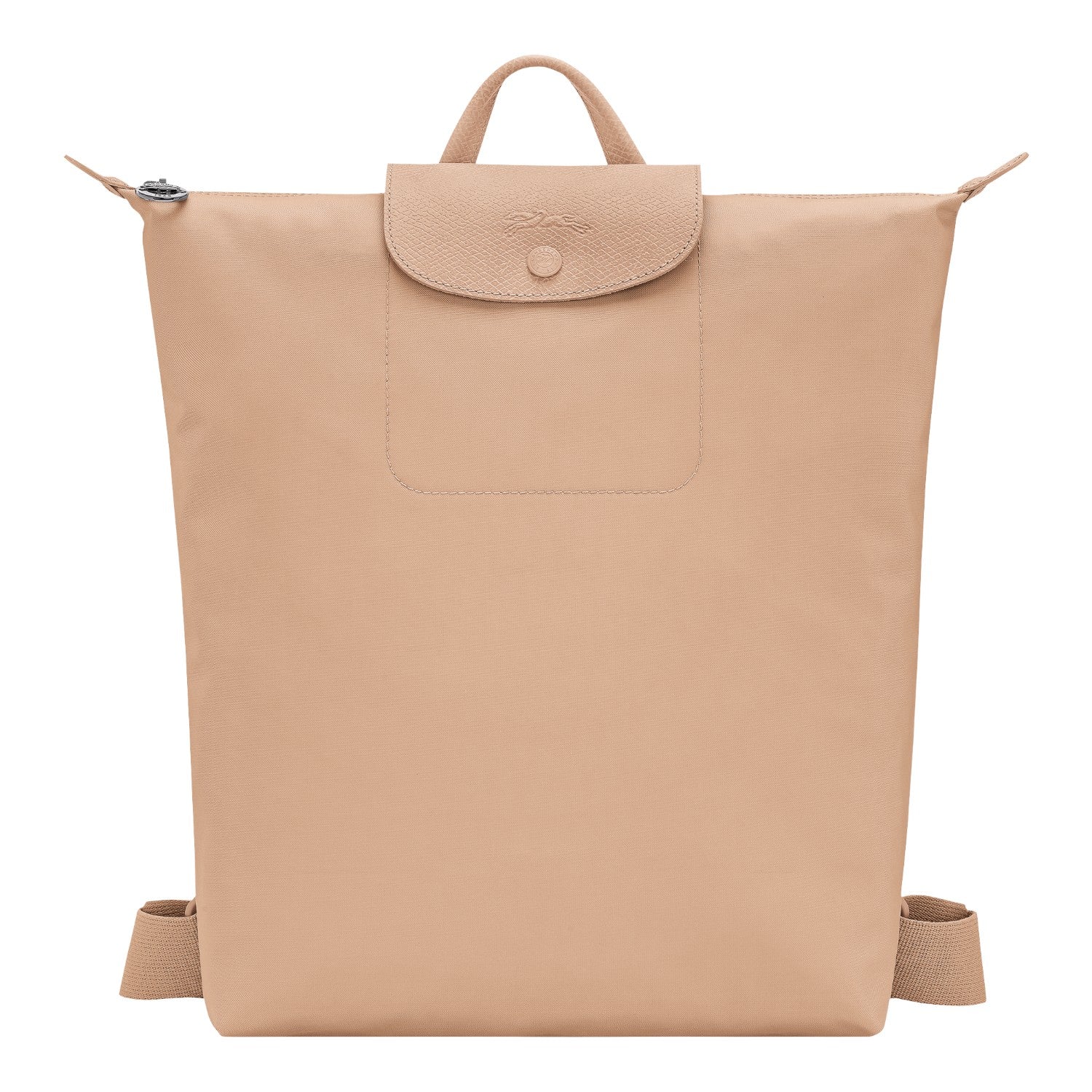 Lieblingstasche Le Pliage One Rucksack in beige nylon with leather flap and snap closure.