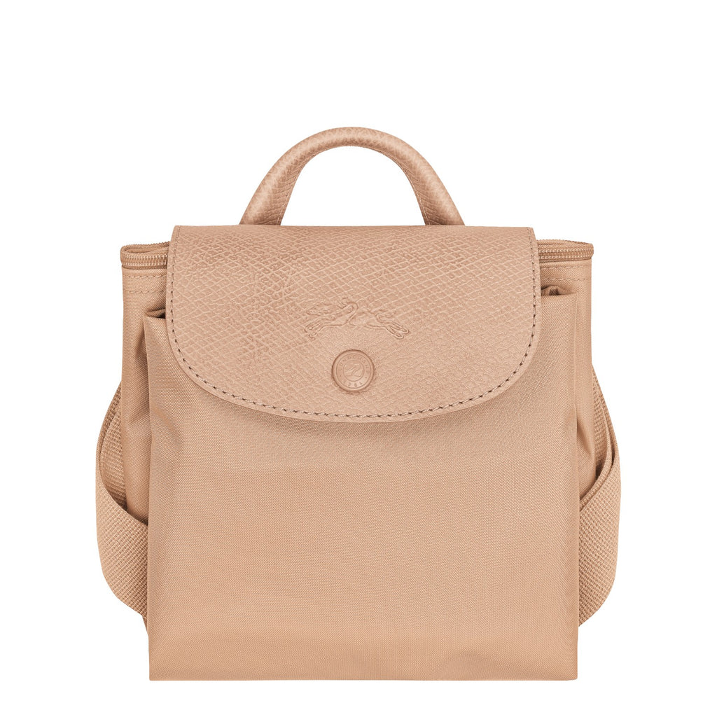 Lieblingstasche Le Pliage One Rucksack in beige nylon with leather trim and embossed horse logo.