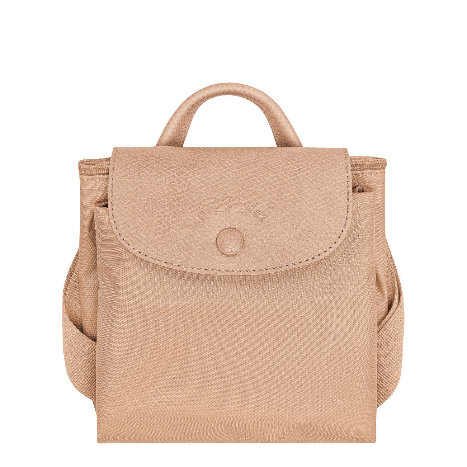 Lieblingstasche Le Pliage One Rucksack in beige nylon with leather trim and embossed horse logo.