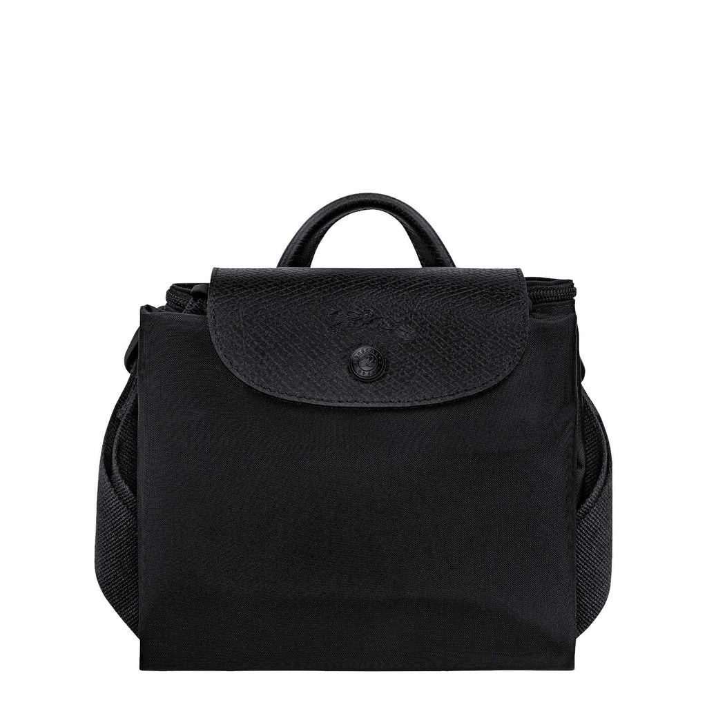 Lieblingstasche Le Pliage One Rucksack in black nylon with leather trim and a snap closure.