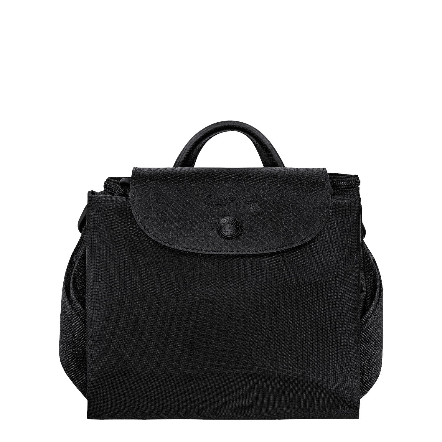 Lieblingstasche Le Pliage One Rucksack in black nylon with leather trim and a snap closure.