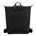 Lieblingstasche Le Pliage One Rucksack in black nylon with leather trim and snap closure.