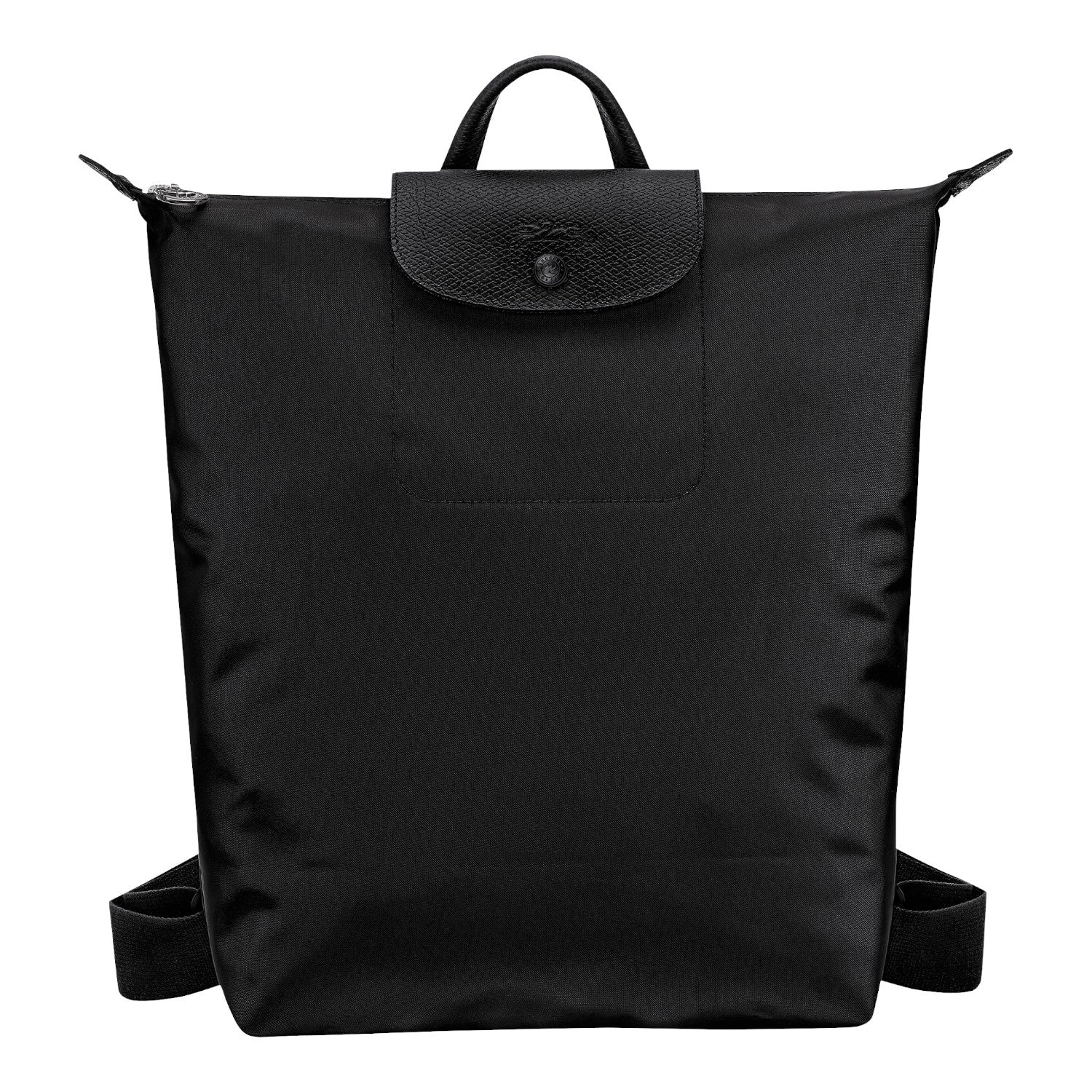 Lieblingstasche Le Pliage One Rucksack in black nylon with leather trim and snap closure.