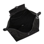 Lieblingstasche Le Pliage One Rucksack in black nylon with leather trim, featuring multiple interior pockets and a snap closure.