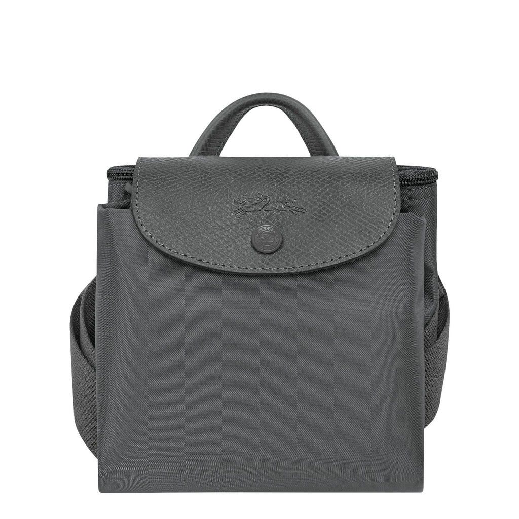 Lieblingstasche Le Pliage One Rucksack in dark grey nylon with leather trim and snap closure.