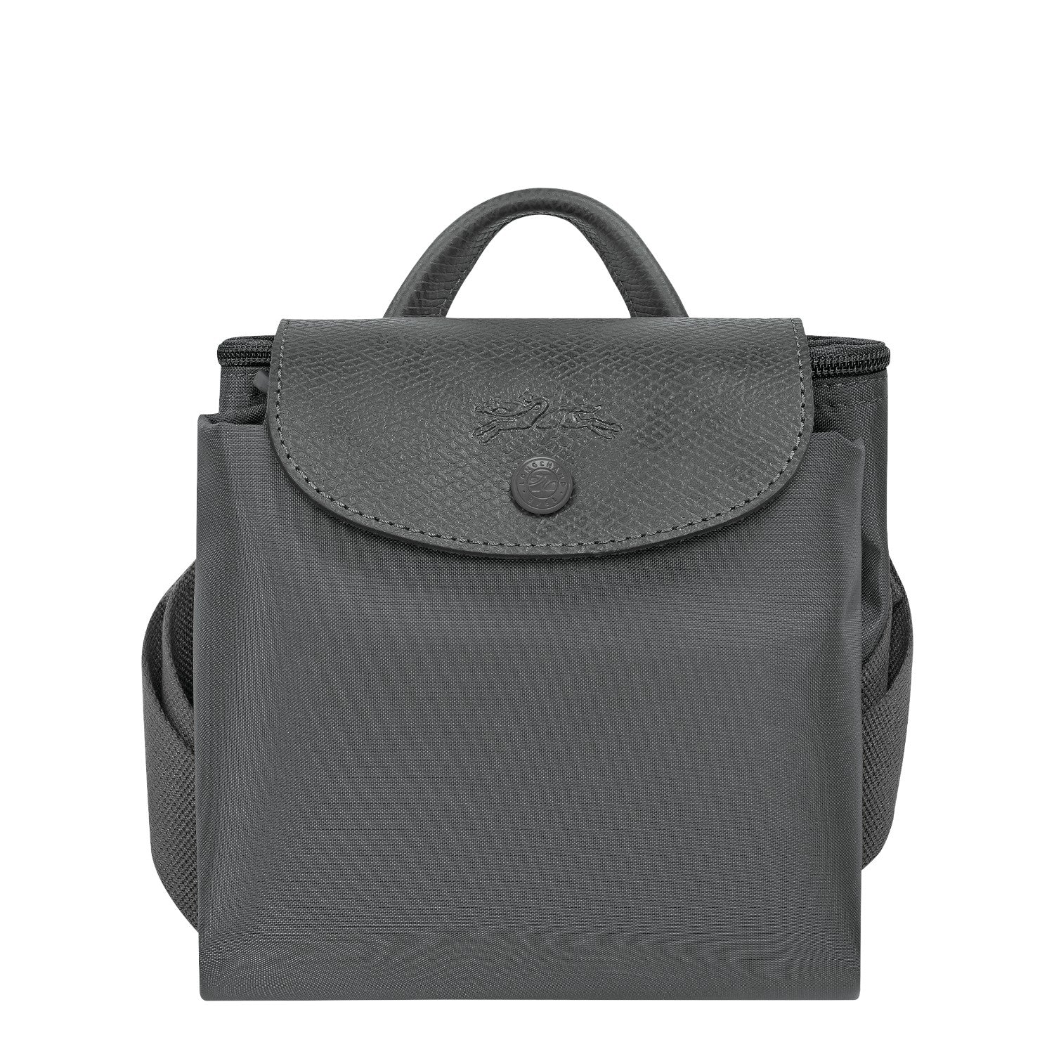 Lieblingstasche Le Pliage One Rucksack in dark grey nylon with leather trim and snap closure.