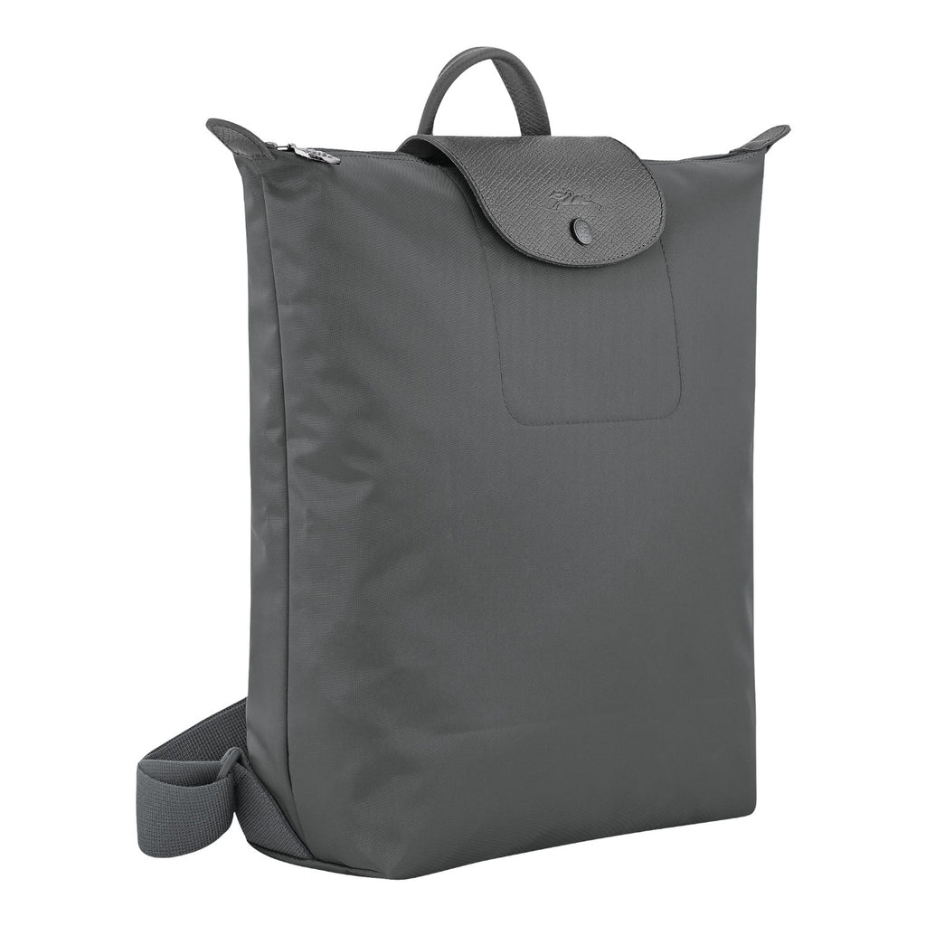 Lieblingstasche Le Pliage One Rucksack in grey nylon with leather trim and snap closure.