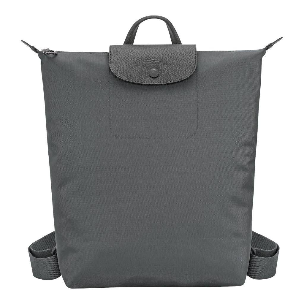 Lieblingstasche Le Pliage One Rucksack in grey nylon with leather trim and snap closure.