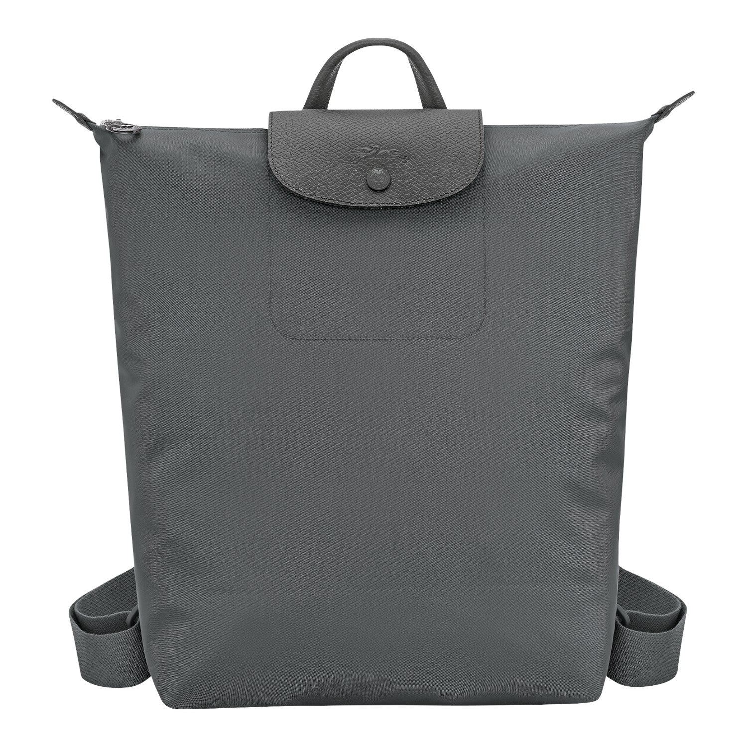 Lieblingstasche Le Pliage One Rucksack in grey nylon with leather trim and snap closure.
