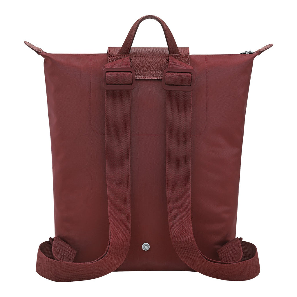 Lieblingstasche Le Pliage One Rucksack in deep red nylon with leather trim and adjustable straps.