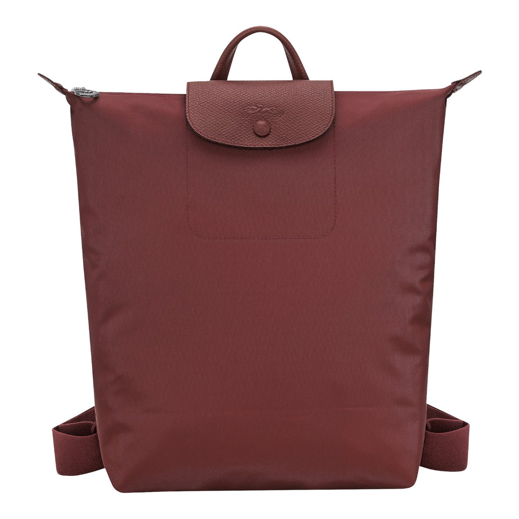 Lieblingstasche Le Pliage One Rucksack in deep red nylon with leather trim and flap closure.
