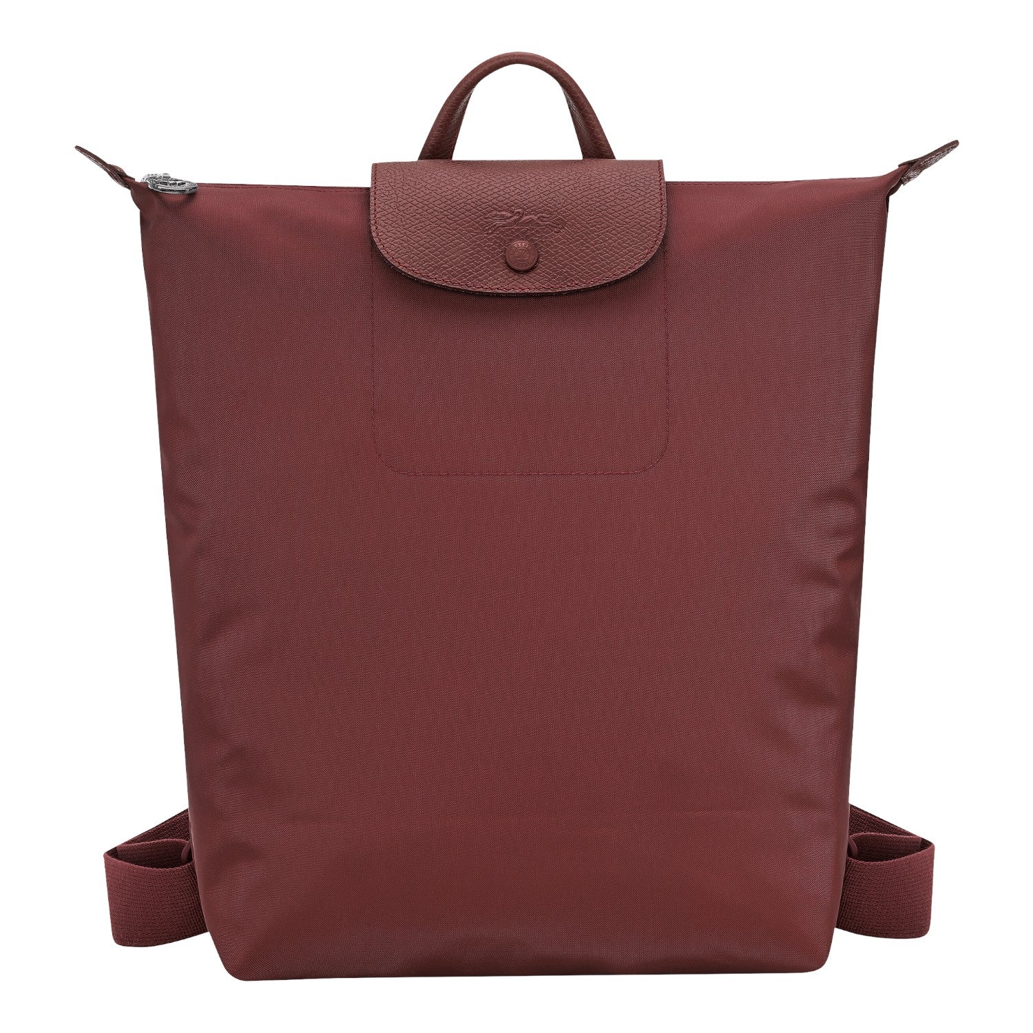 Lieblingstasche Le Pliage One Rucksack in deep red nylon with leather trim and flap closure.