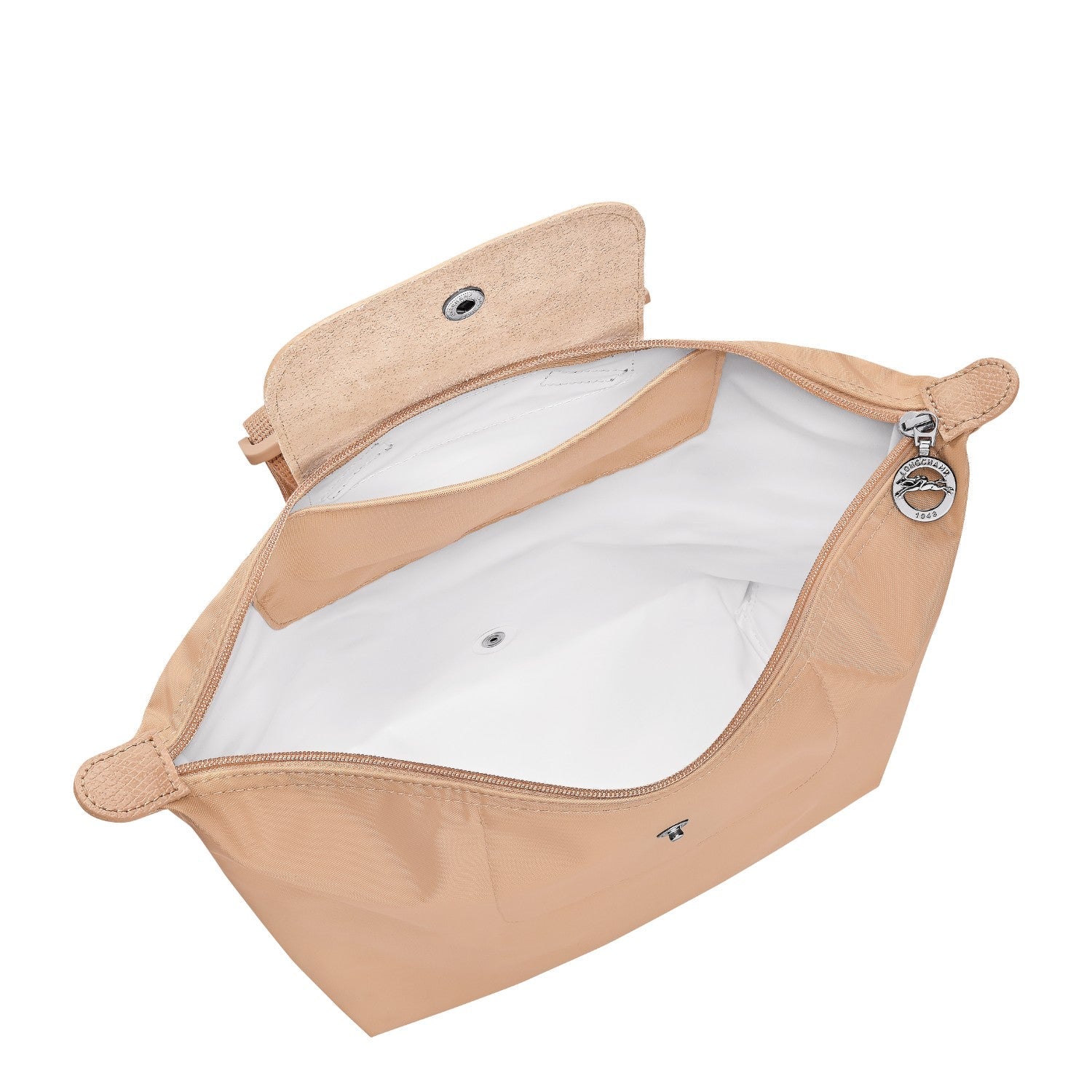 Lieblingstasche Le Pliage One Rucksack in tan nylon with leather trim and silver hardware. Open top with zip closure.