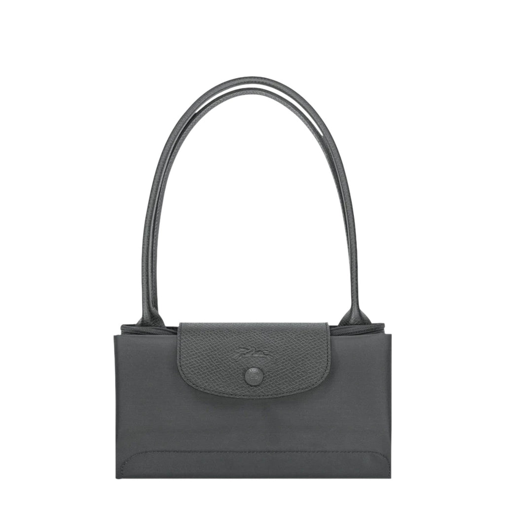 Lieblingstasche Le Pliage One shoulder bag in dark grey nylon with leather trim and snap closure.