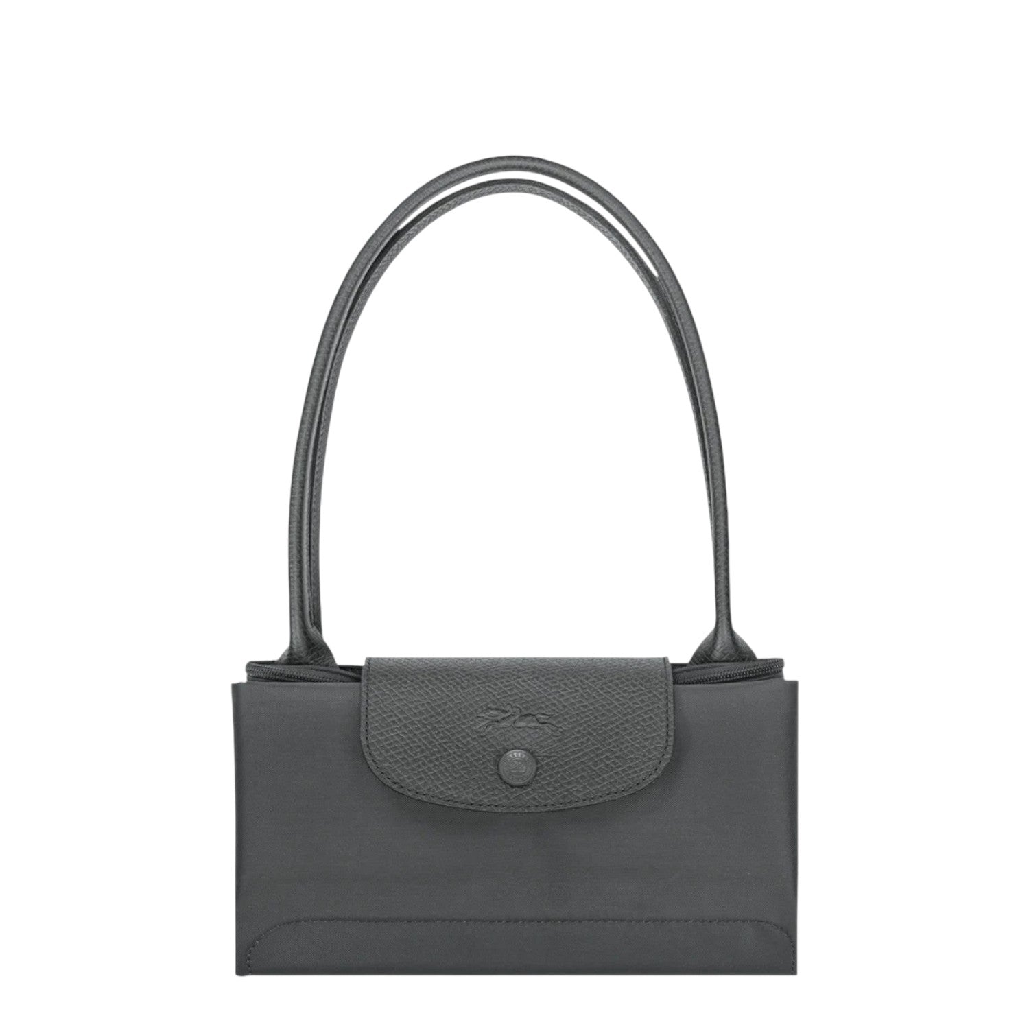 Lieblingstasche Le Pliage One shoulder bag in dark grey nylon with leather trim and snap closure.