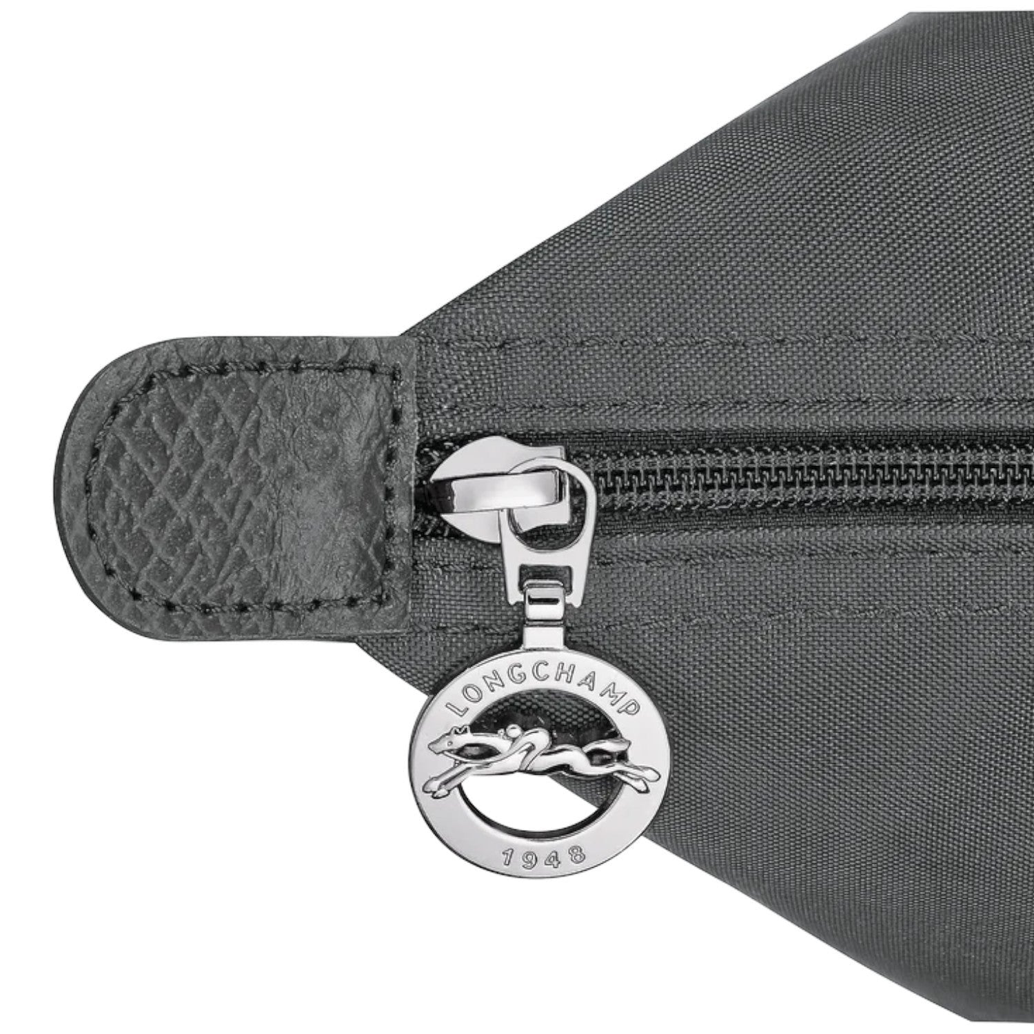Lieblingstasche Le Pliage One M shoulder bag in dark grey nylon with leather trim and silver zipper with horse logo charm.