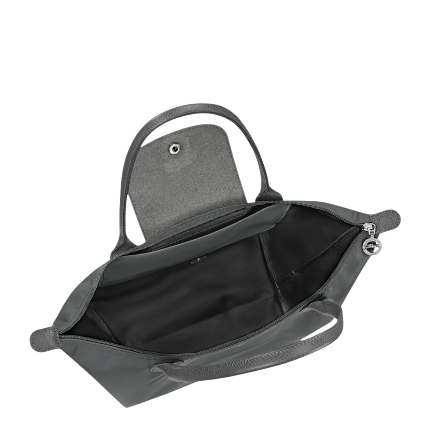 Lieblingstasche Le Pliage One M shoulder bag in grey nylon with leather trim and snap closure.