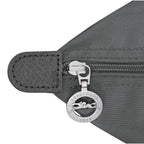 Lieblingstasche Le Pliage One L shoulder bag in grey nylon with leather trim and a silver zipper pull featuring the Longchamp logo.