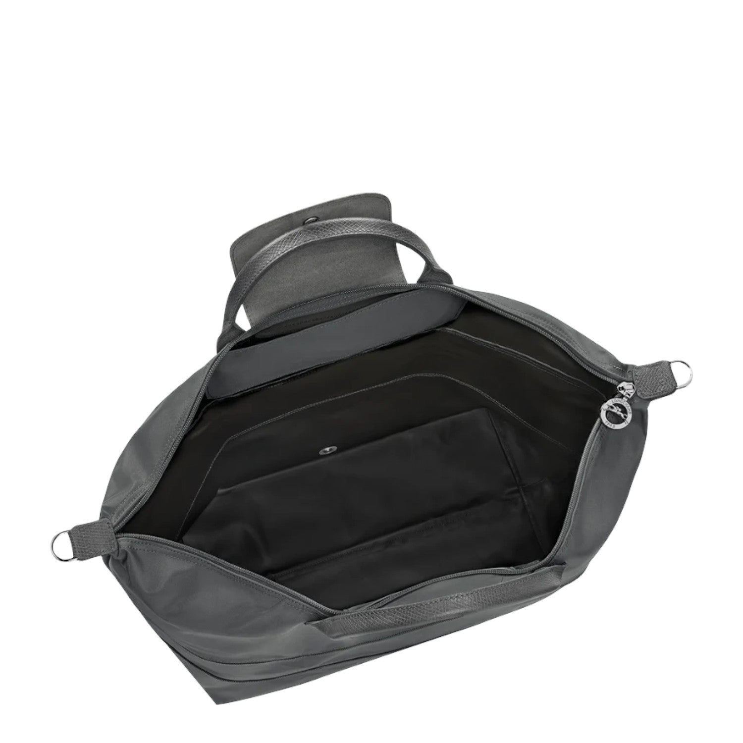 Lieblingstasche Le Pliage One travel bag in dark grey nylon with leather trim and snap closure.