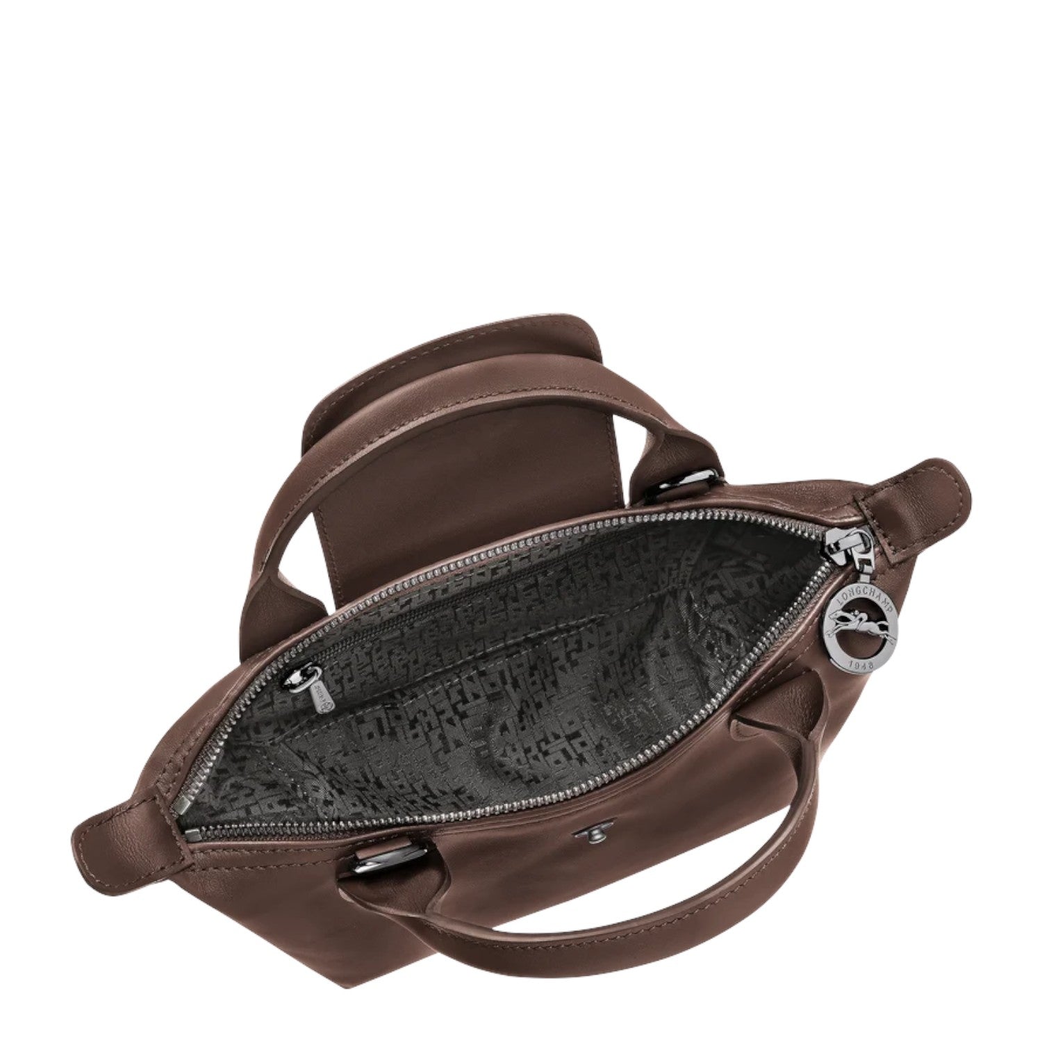 Lieblingstasche Le Pliage Xtra Handtasche XS, a small brown leather handbag with silver hardware and a branded lining.