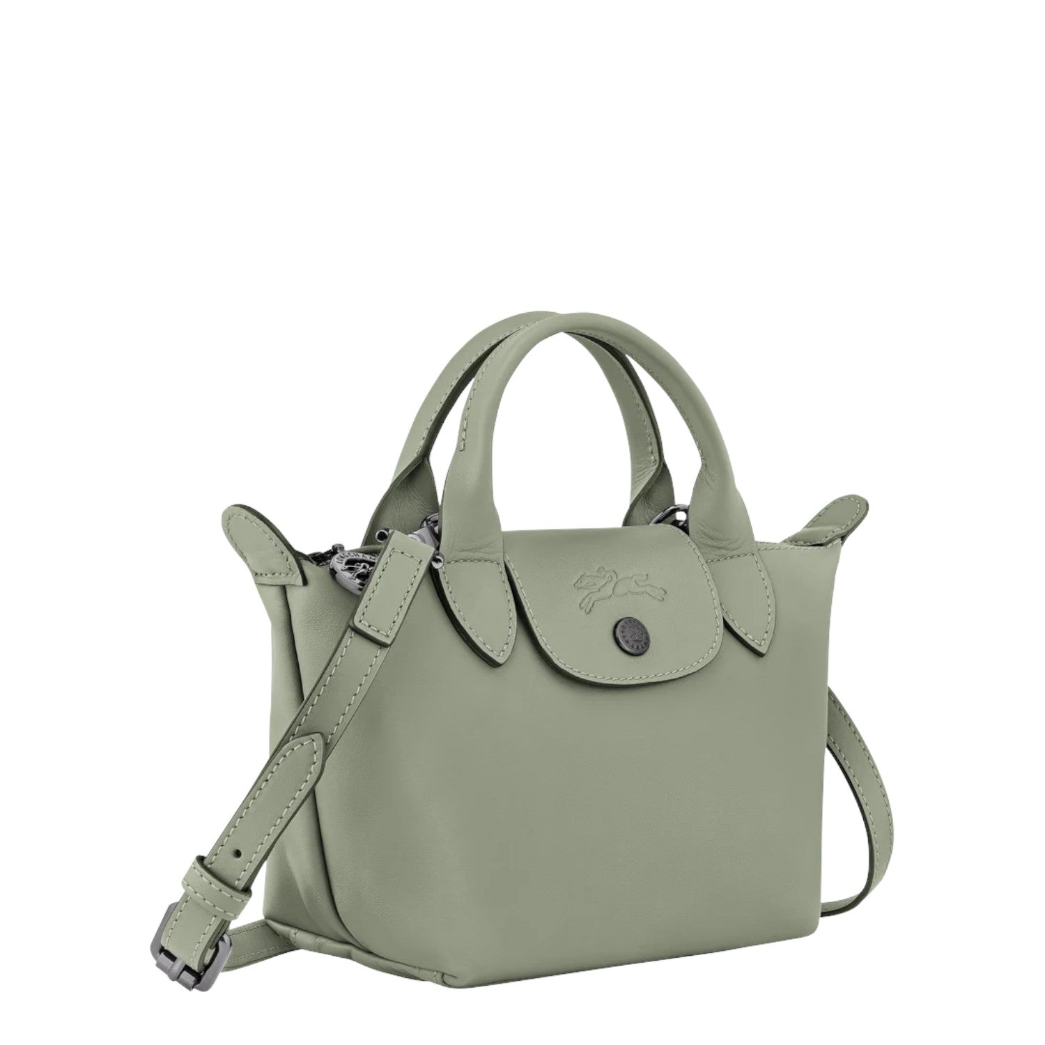 Lieblingstasche Le Pliage Xtra Handtasche XS, a light green leather handbag with top handles and a detachable shoulder strap.
