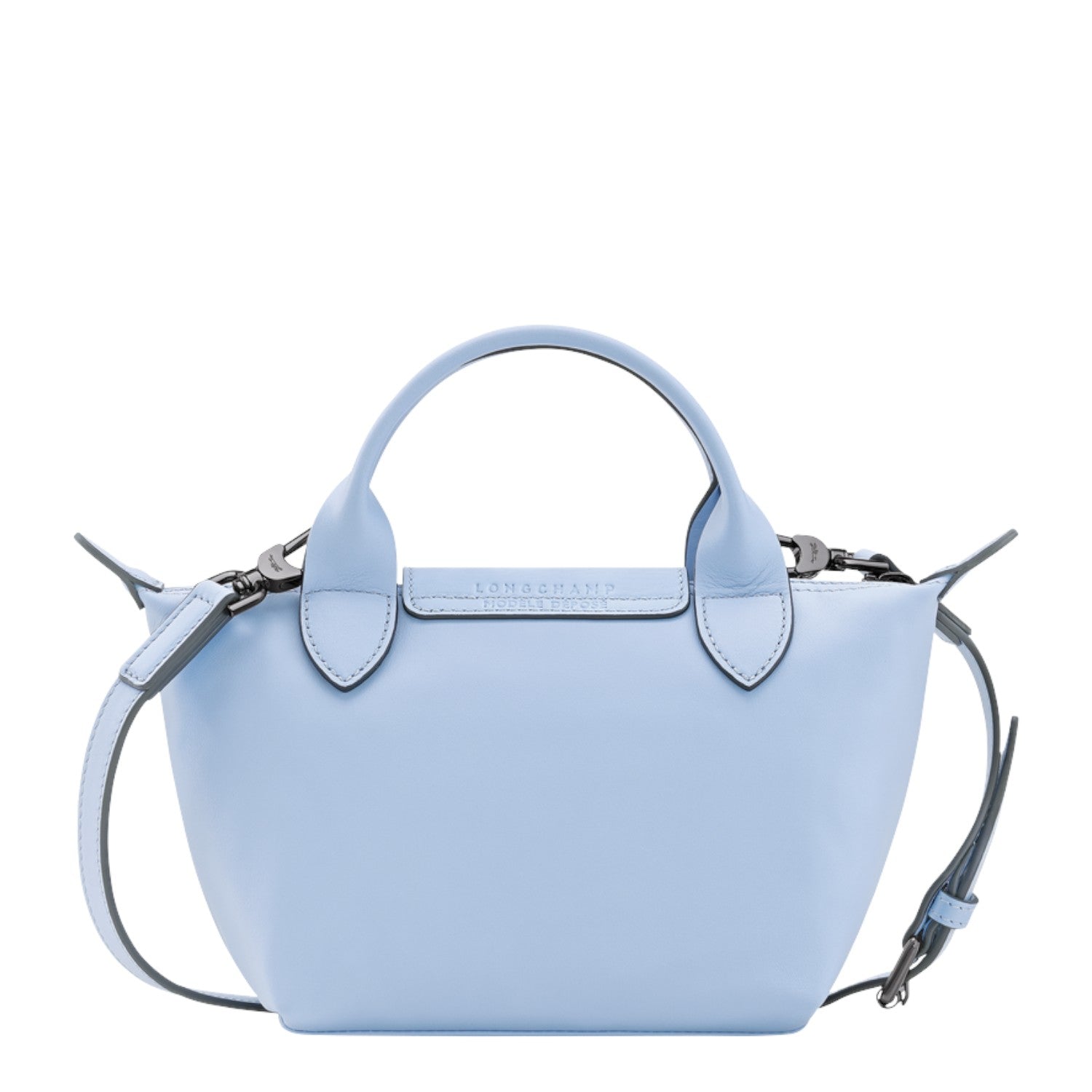 Lieblingstasche Le Pliage Xtra Handtasche XS, a light blue leather handbag with top handles and a detachable shoulder strap.