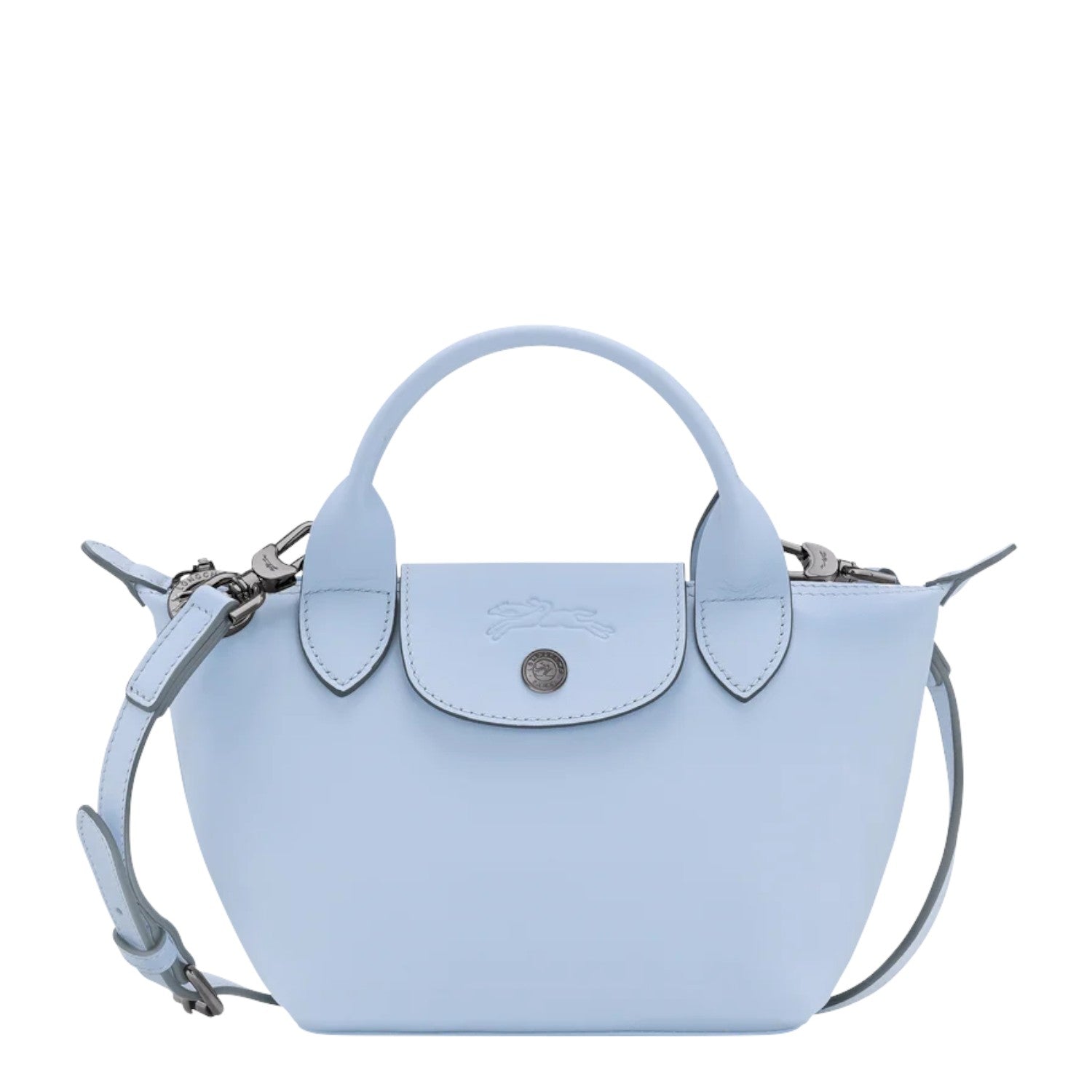 Lieblingstasche Le Pliage Xtra Handtasche XS, a small light blue leather handbag with top handles and a detachable shoulder strap.