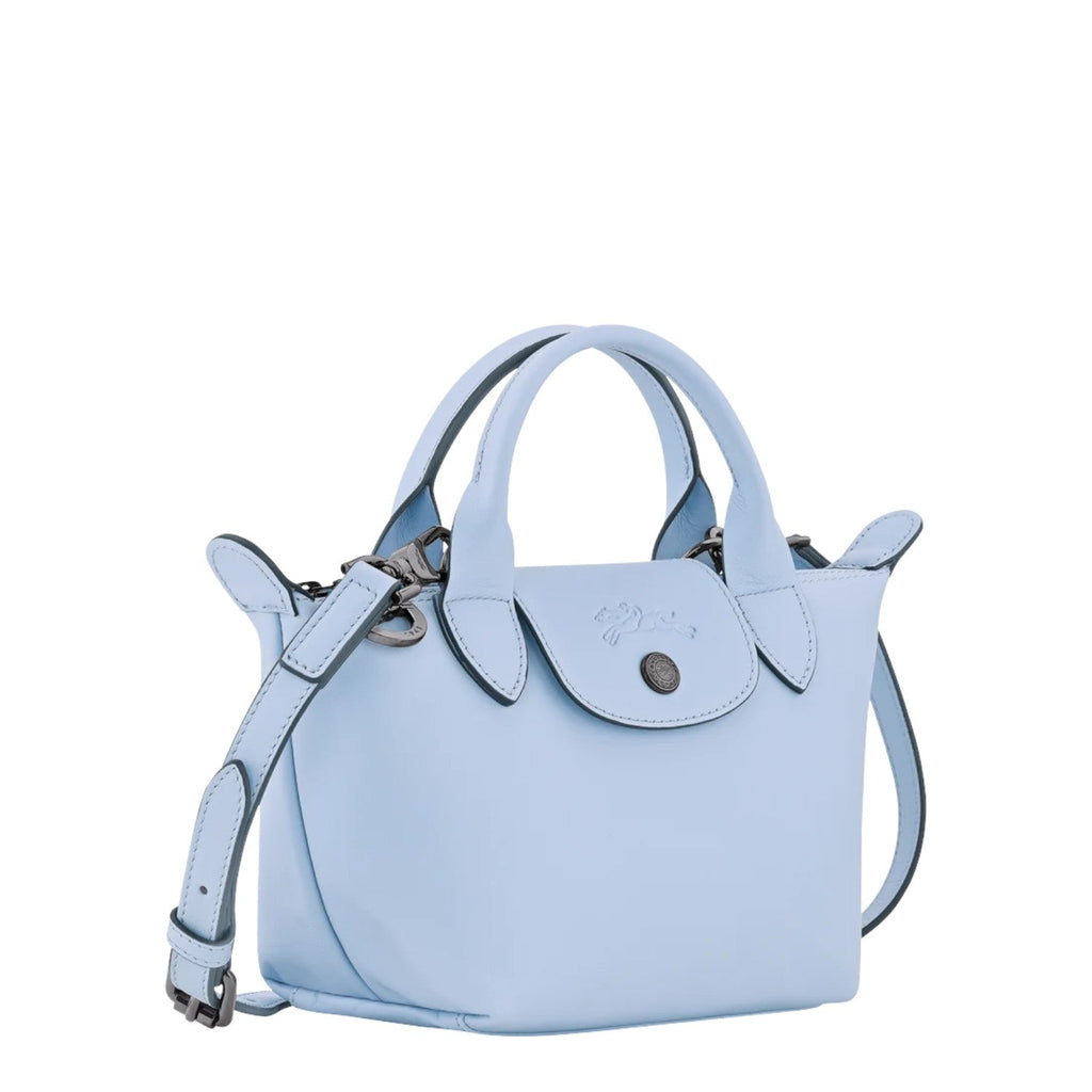 Lieblingstasche Le Pliage Xtra Handtasche XS, a light blue leather handbag with top handles and a detachable shoulder strap.