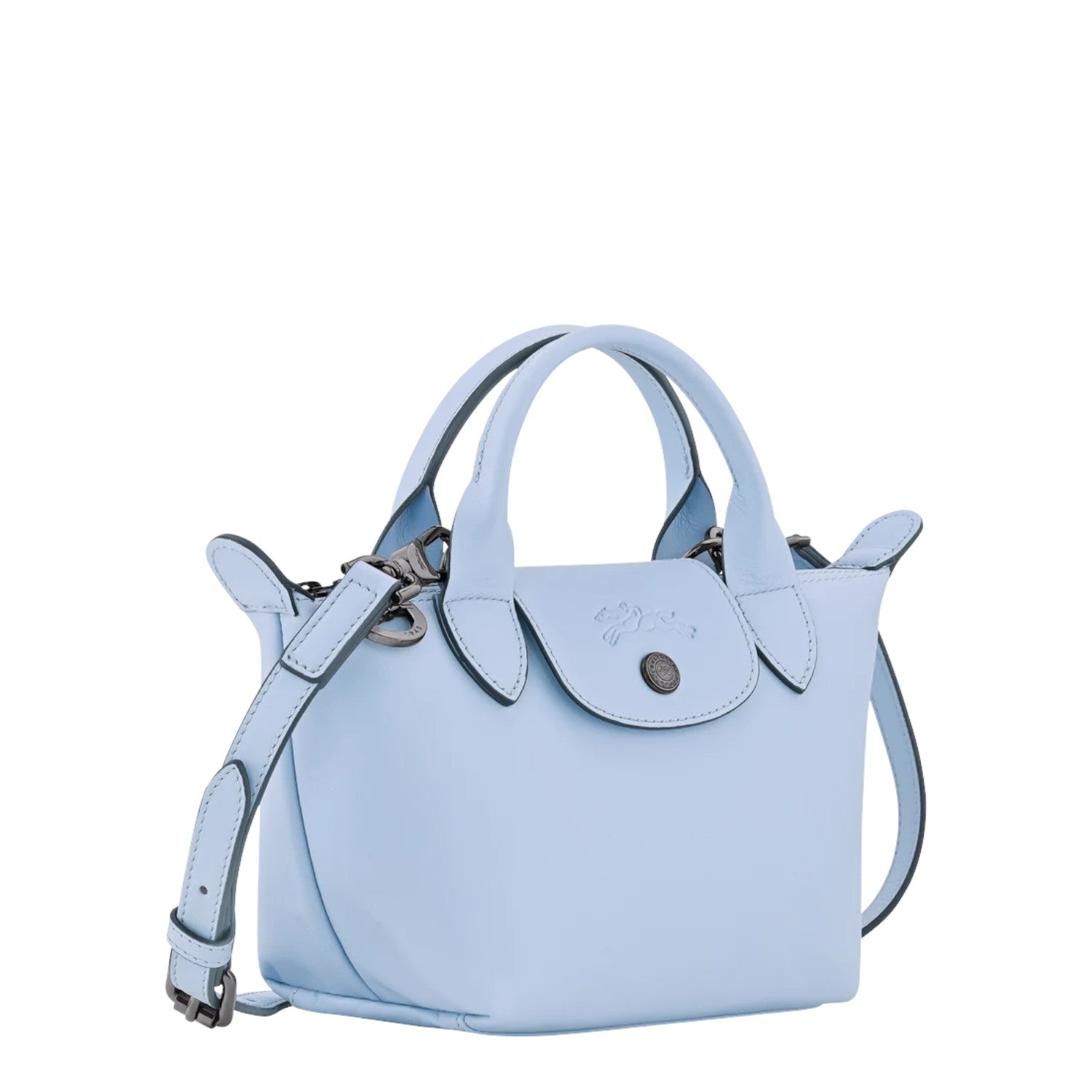 Lieblingstasche Le Pliage Xtra Handtasche XS, a light blue leather handbag with top handles and a detachable shoulder strap.