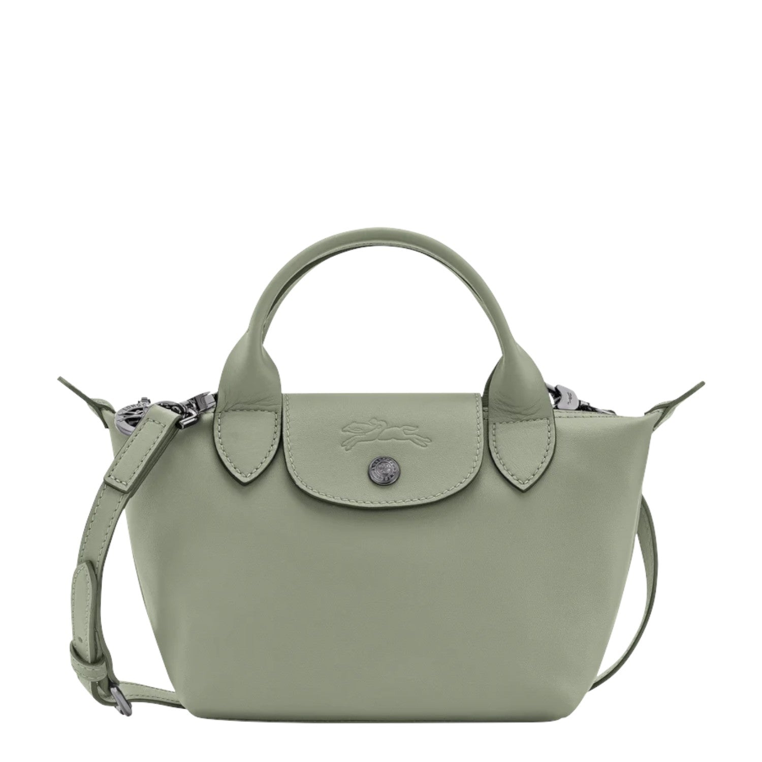 Lieblingstasche Le Pliage Xtra Handtasche XS, a small sage green leather handbag with top handles and a detachable shoulder strap.