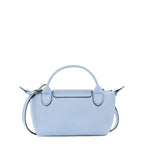 Lieblingstasche Le Pliage Xtra Pochette, light blue leather handbag with top handle and detachable strap.