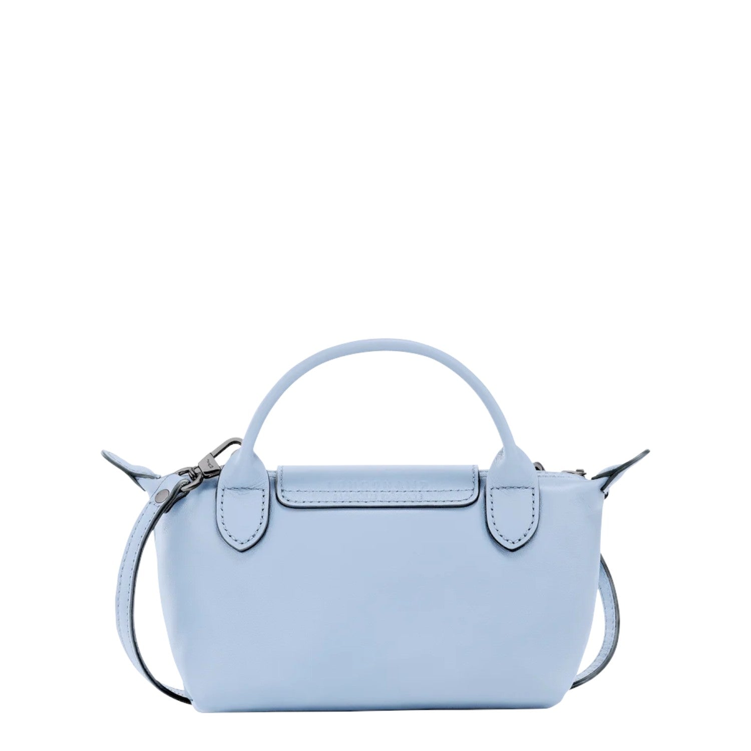 Lieblingstasche Le Pliage Xtra Pochette, light blue leather handbag with top handle and detachable strap.