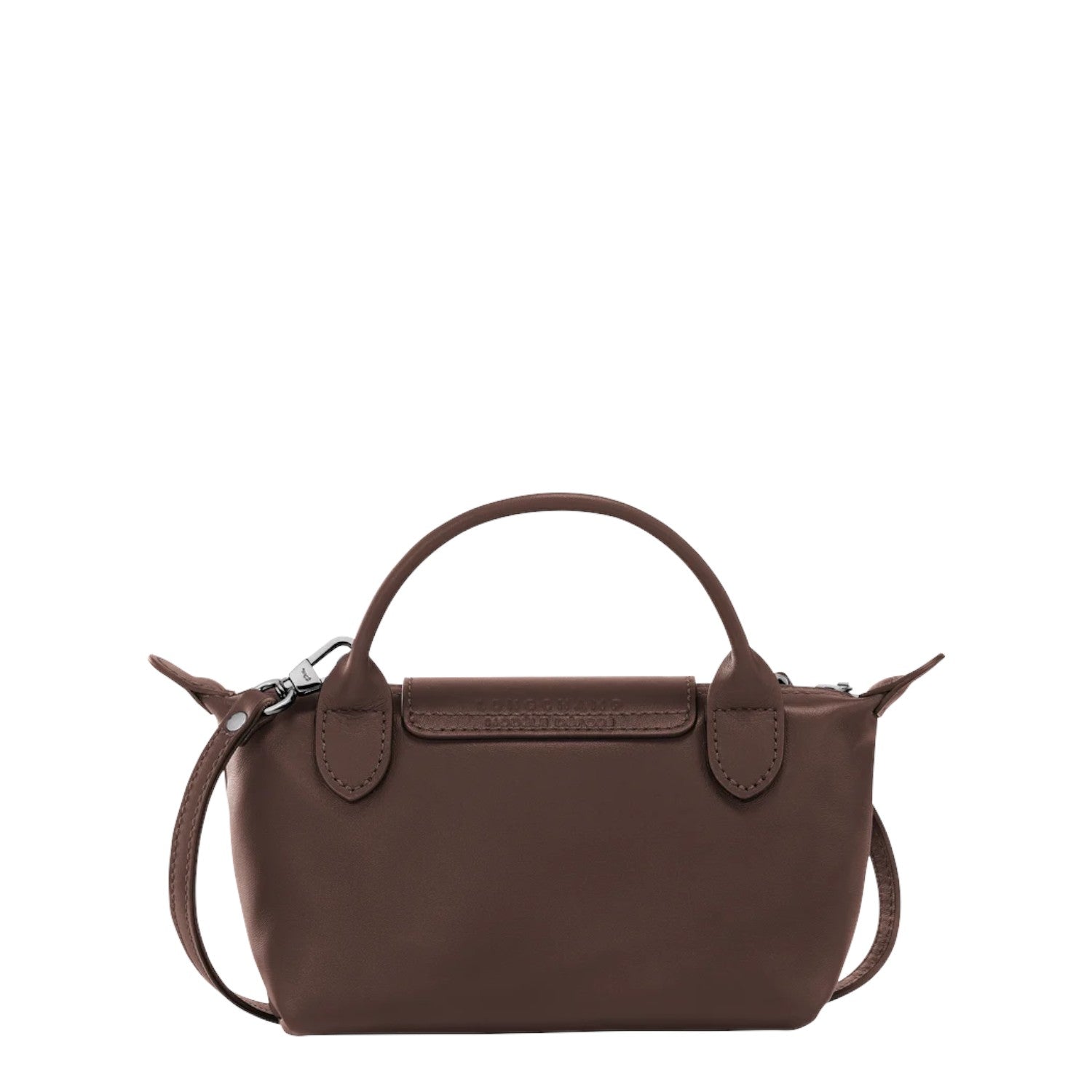 Lieblingstasche Le Pliage Xtra Pochette in brown leather with top handle and crossbody strap.