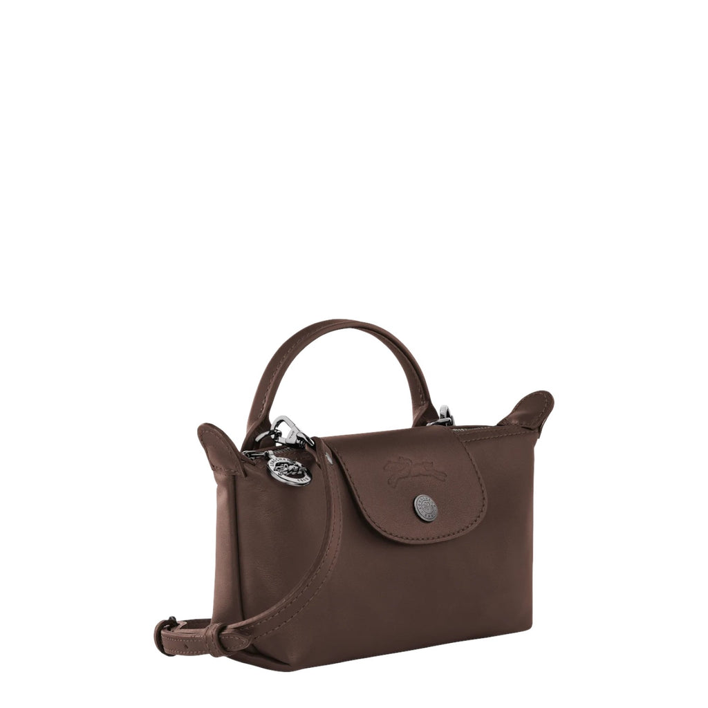 Lieblingstasche Le Pliage Xtra Pochette brown leather crossbody bag with top handle and embossed horse logo.