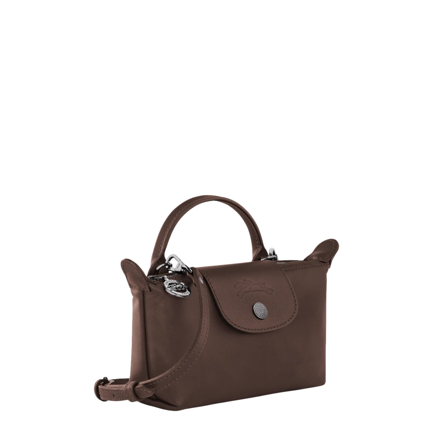 Lieblingstasche Le Pliage Xtra Pochette brown leather crossbody bag with top handle and embossed horse logo.