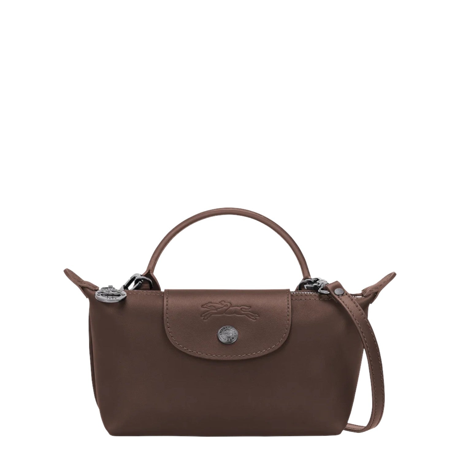 Lieblingstasche Le Pliage Xtra Pochette in brown leather with a top handle and detachable strap.