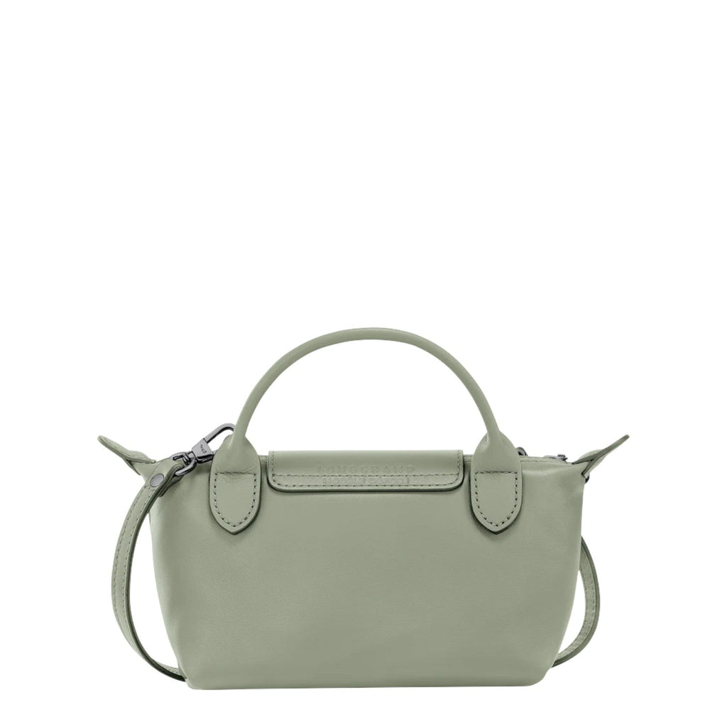 Lieblingstasche Le Pliage Xtra Pochette in light green leather with top handle and detachable strap.