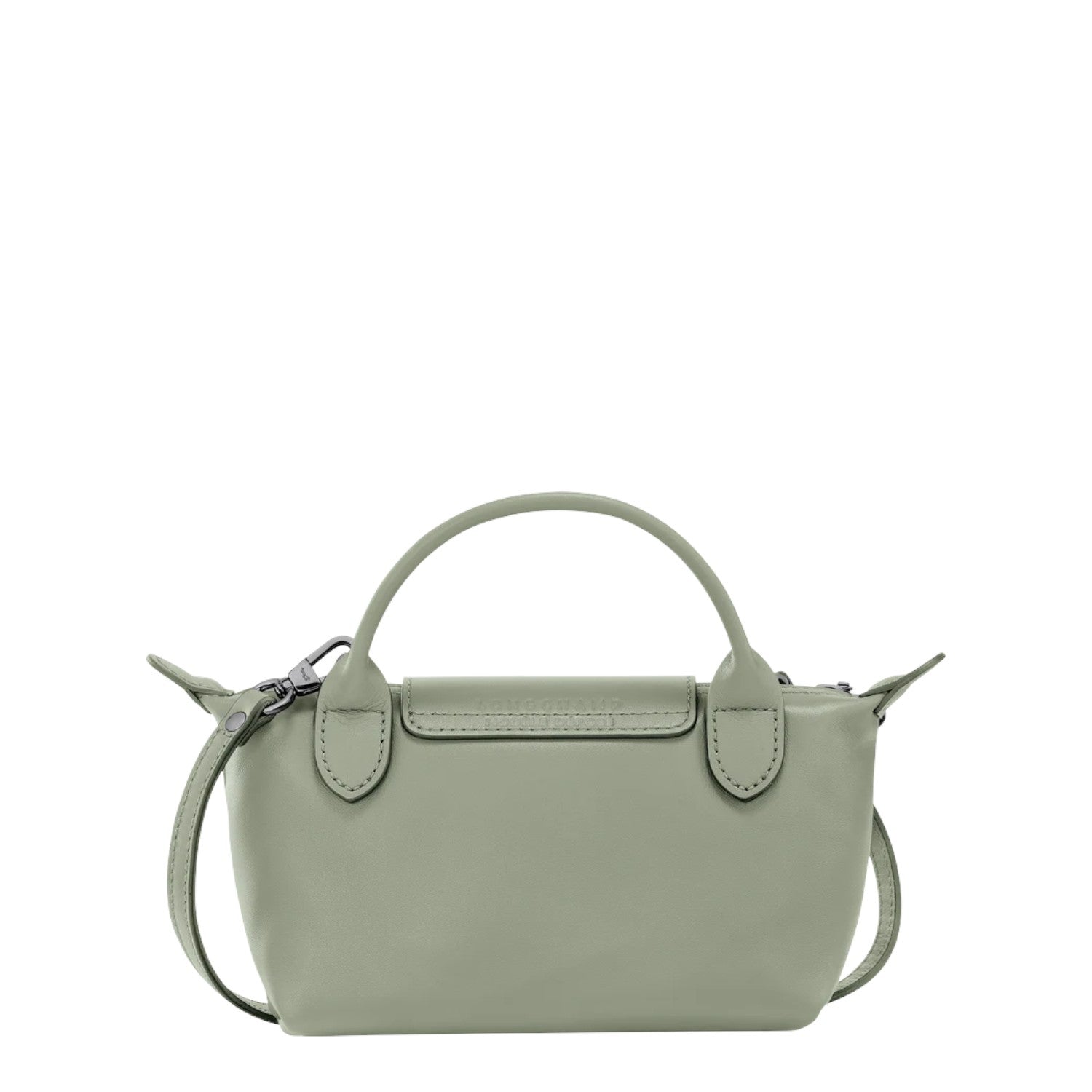 Lieblingstasche Le Pliage Xtra Pochette in light green leather with top handle and detachable strap.