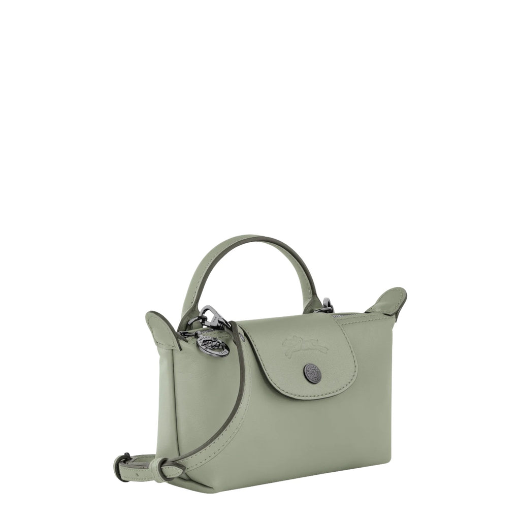 Lieblingstasche Le Pliage Xtra Pochette in light green leather with a top handle and crossbody strap.